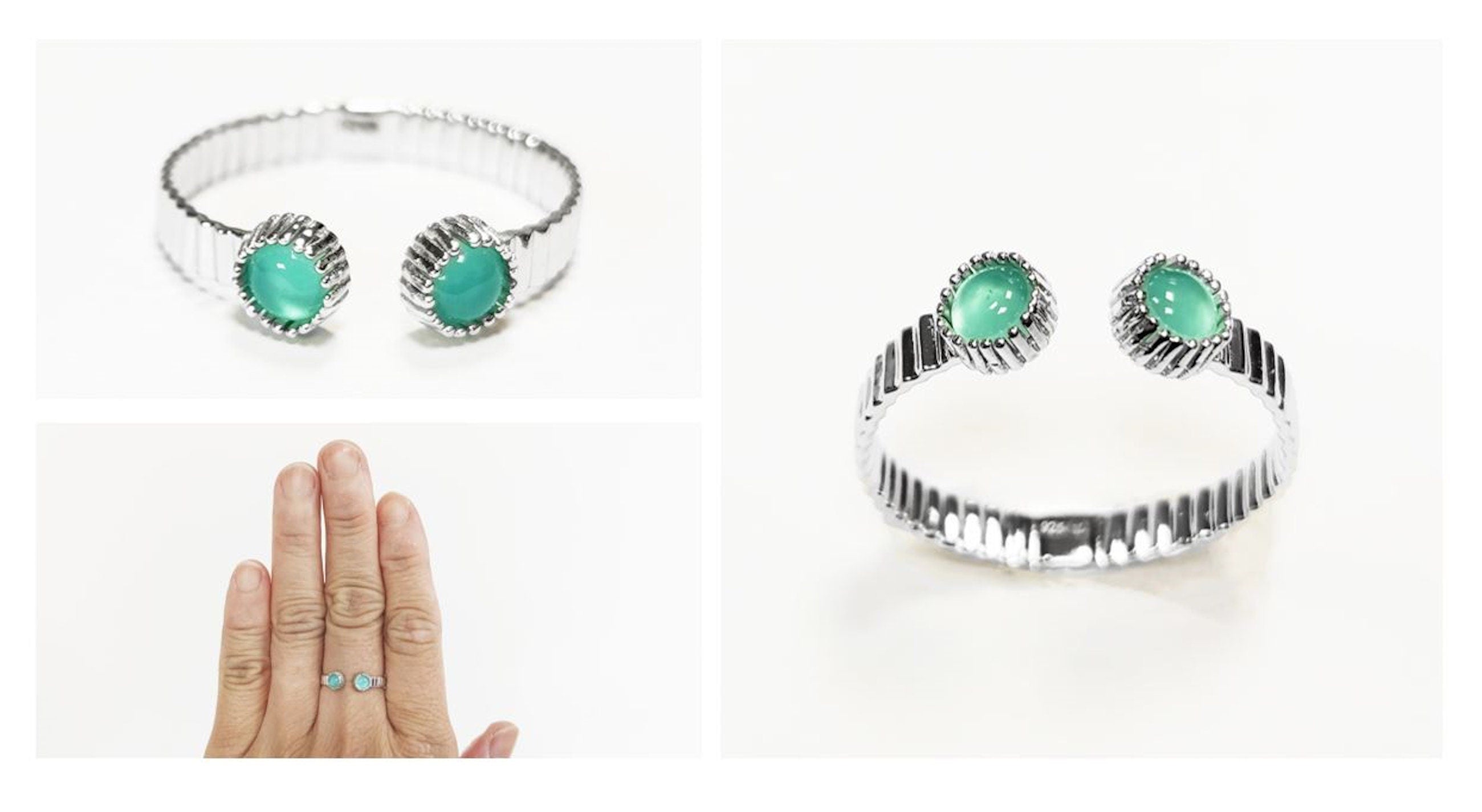 Green open striped ring, sterling silver, round amazonite stones, textured stripes lines band, designer modern stone jewelry, woman gift