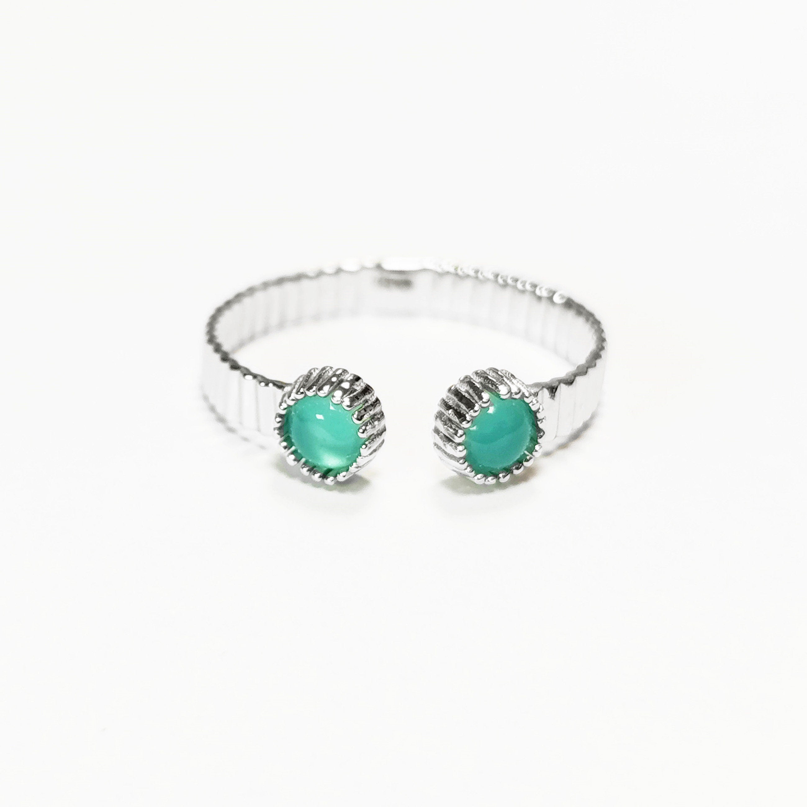 Green open striped ring, sterling silver, round amazonite stones, textured stripes lines band, designer modern stone jewelry, woman gift
