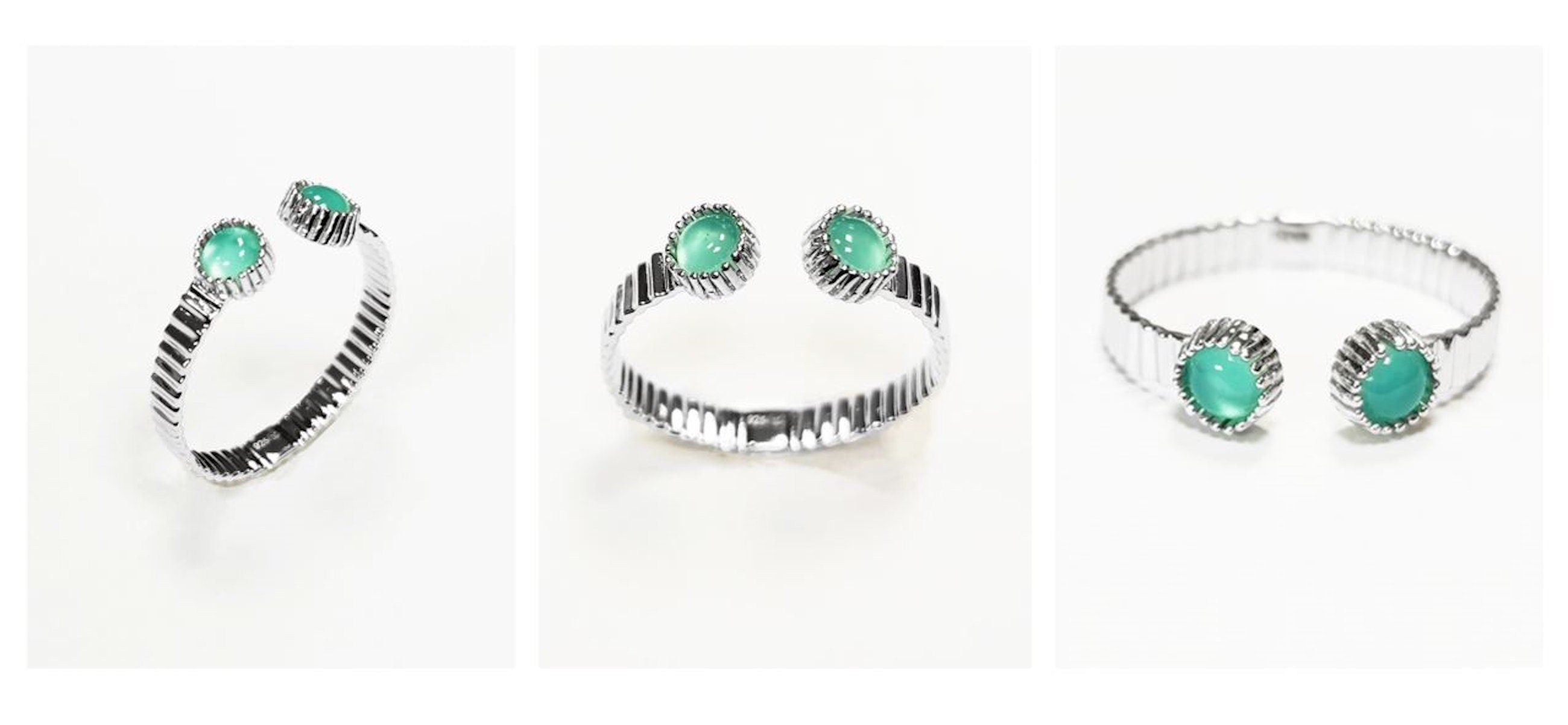 Green open striped ring, sterling silver, round amazonite stones, textured stripes lines band, designer modern stone jewelry, woman gift