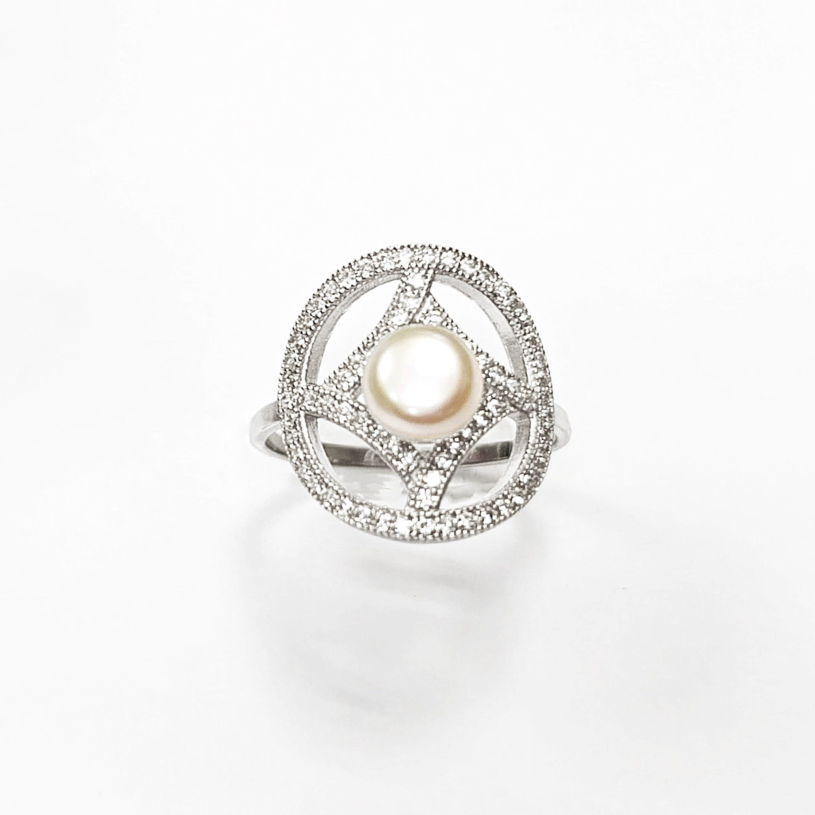 Halo Pearl Ring, Sterling Silver, Round Pearl Jewelry, genuine white shell pearl, star design setting sparkling Cz stones ring, woman gift