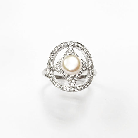 Halo Pearl Ring, Sterling Silver, Round Pearl Jewelry, genuine white shell pearl, star design setting sparkling Cz stones ring, woman gift
