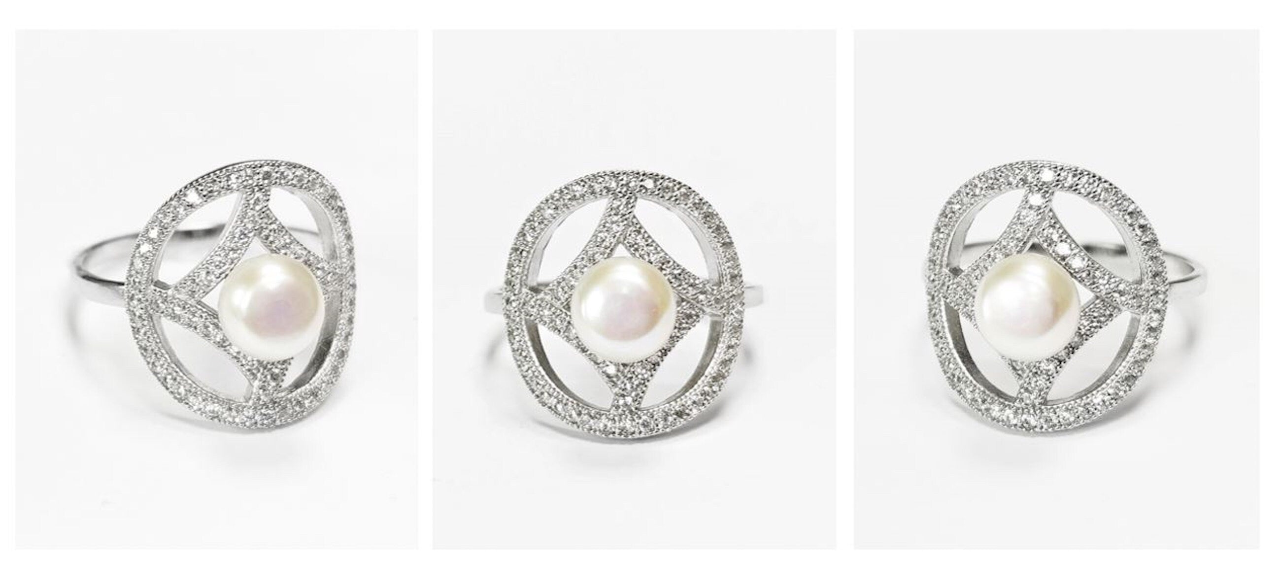 Halo Pearl Ring, Sterling Silver, Round Pearl Jewelry, genuine white shell pearl, star design setting sparkling Cz stones ring, woman gift