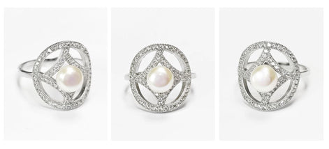 Halo Pearl Ring, Sterling Silver, Round Pearl Jewelry, genuine white shell pearl, star design setting sparkling Cz stones ring, woman gift