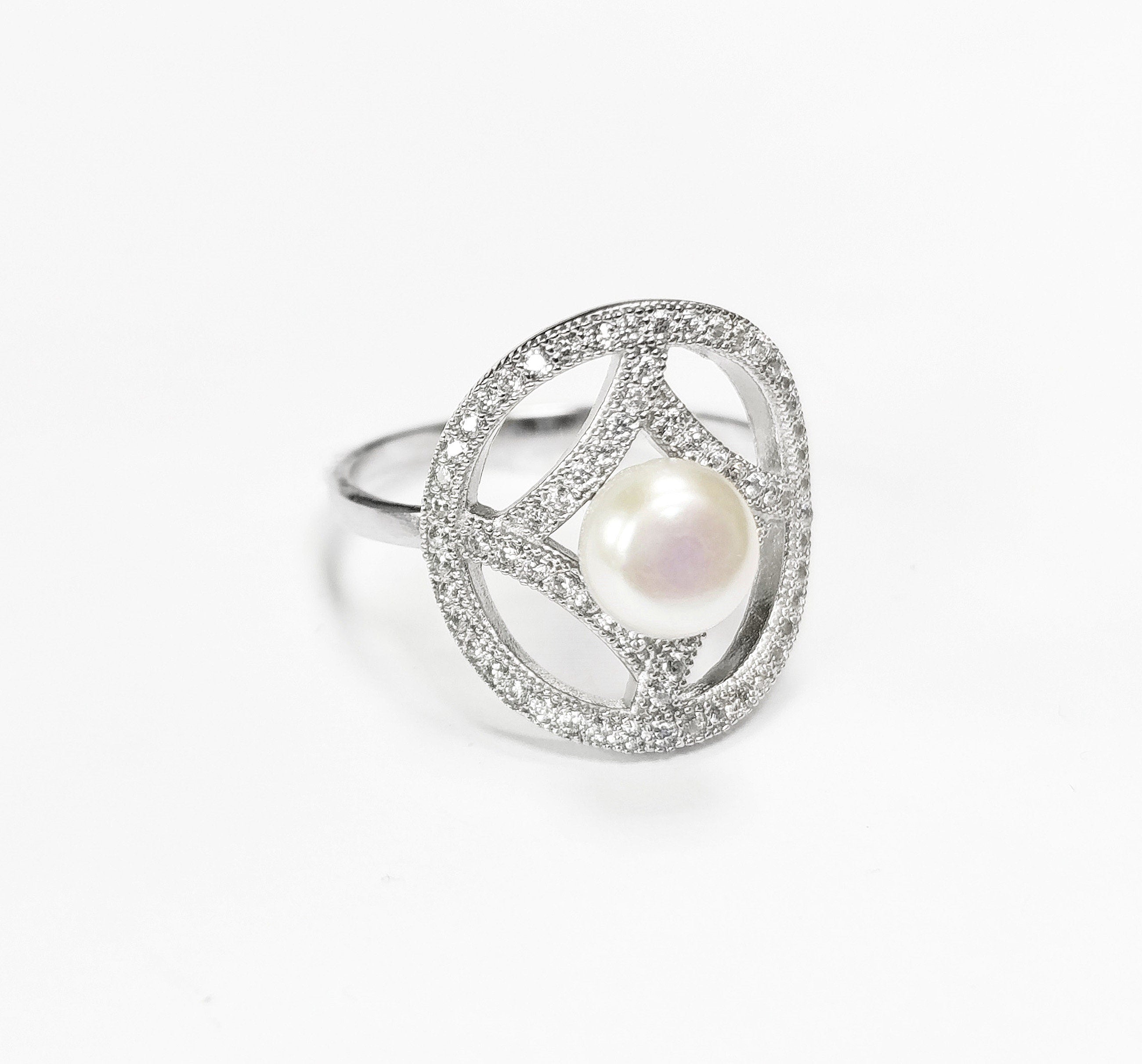 Halo Pearl Ring, Sterling Silver, Round Pearl Jewelry, genuine white shell pearl, star design setting sparkling Cz stones ring, woman gift