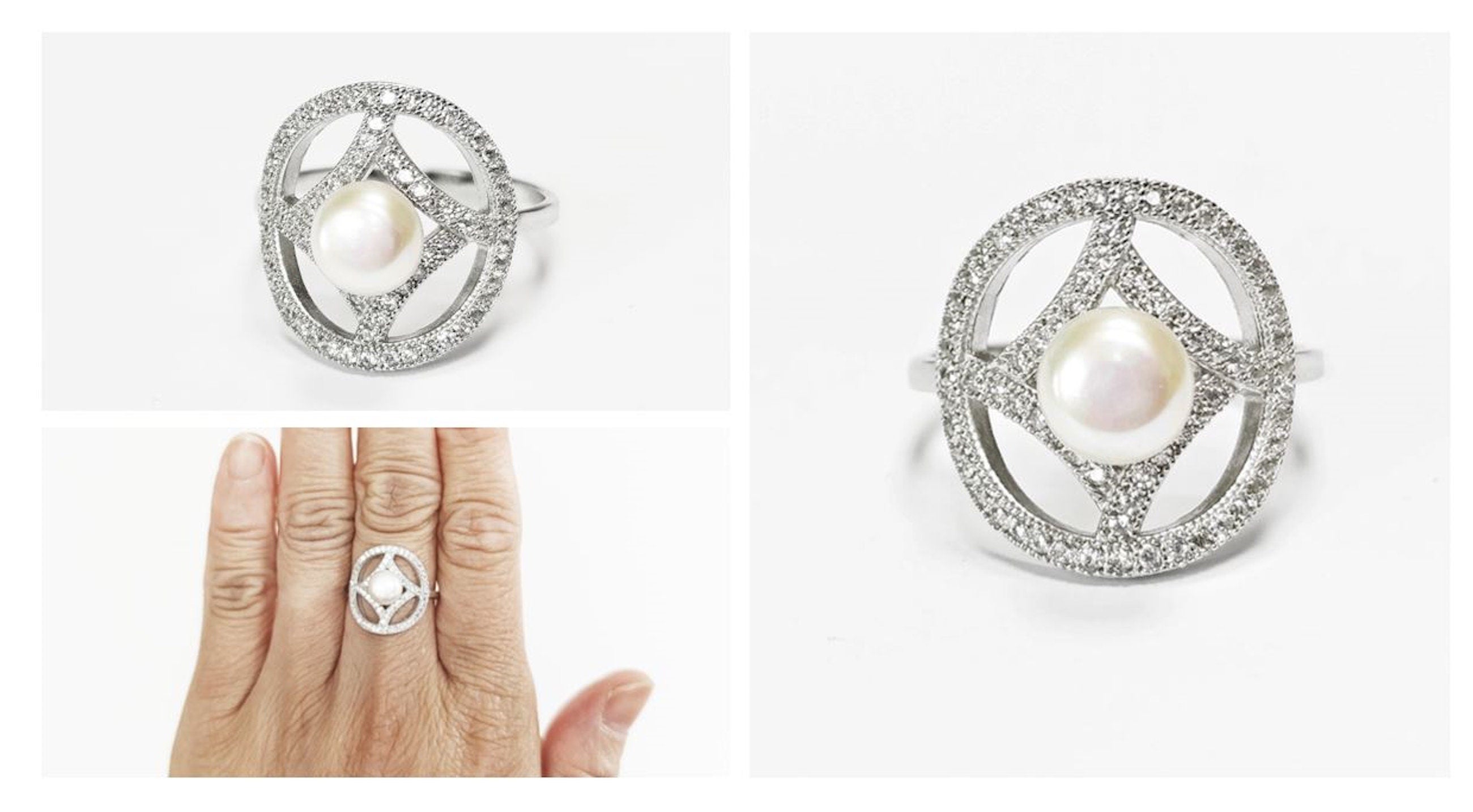 Halo Pearl Ring, Sterling Silver, Round Pearl Jewelry, genuine white shell pearl, star design setting sparkling Cz stones ring, woman gift