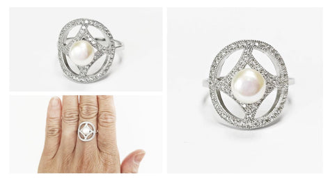 Halo Pearl Ring, Sterling Silver, Round Pearl Jewelry, genuine white shell pearl, star design setting sparkling Cz stones ring, woman gift