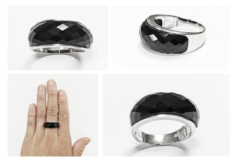 Faceted Onyx Ring by KRAMIKE • Sterling Silver • Modern & Elegant Black Stone Band • Perfect for a Sophisticated Look • Gift for Her • KR030