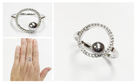Modern Circle Grey Pearl Ring • Minimalist Sterling Silver Band with Zirconia Halo • Chic Statement Shell Pearl Jewelry • Gift for Women
