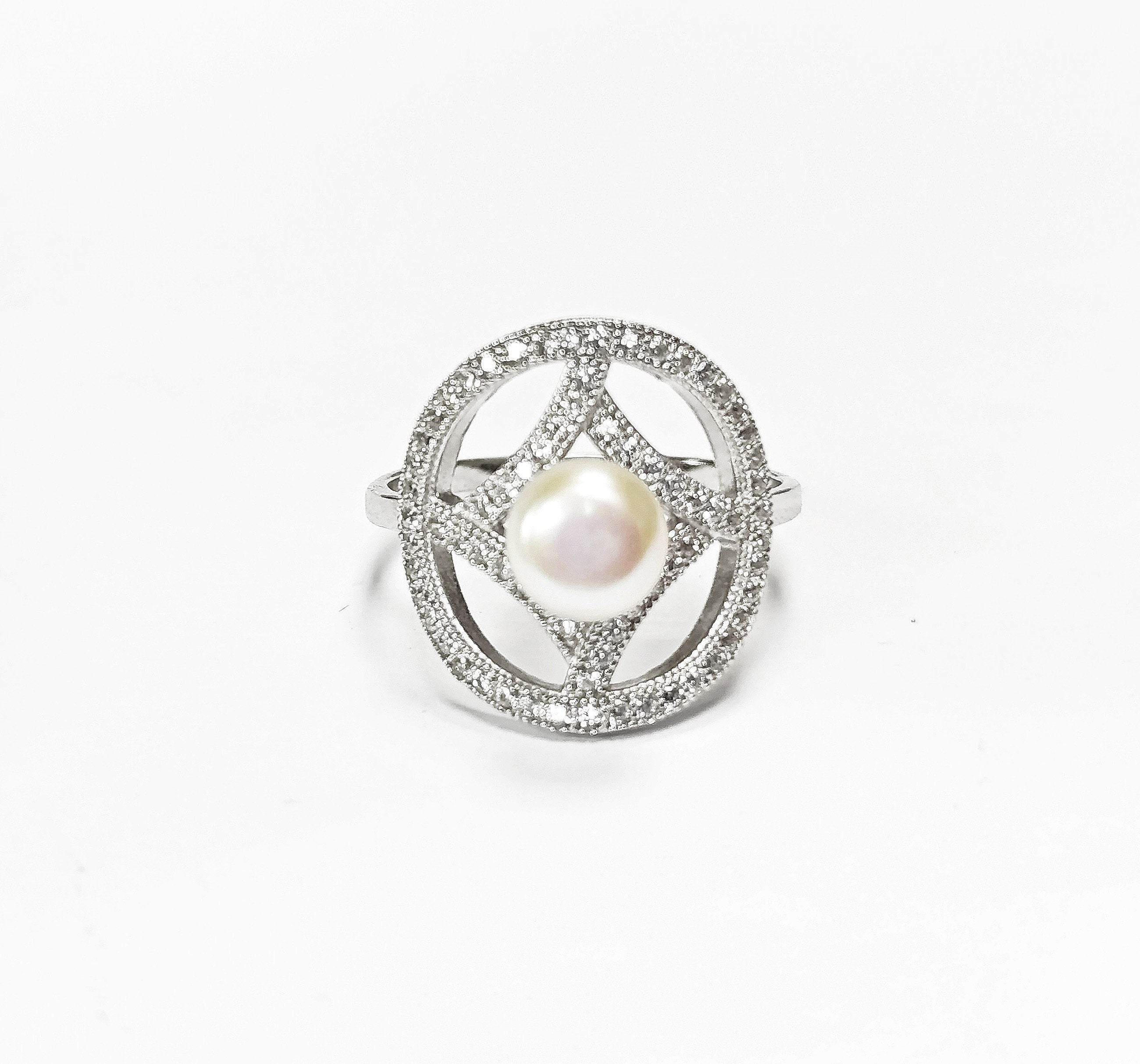 Halo Pearl Ring, Sterling Silver, Round Pearl Jewelry, genuine white shell pearl, star design setting sparkling Cz stones ring, woman gift