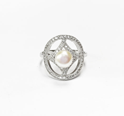 Halo Pearl Ring, Sterling Silver, Round Pearl Jewelry, genuine white shell pearl, star design setting sparkling Cz stones ring, woman gift
