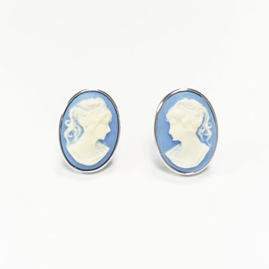 Sterling Silver Cameo Stud Earrings – Blue Resin, Victorian Style