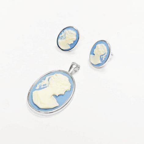 Sterling Silver Cameo Stud Earrings – Blue Resin, Victorian Style