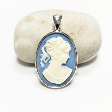 Sterling Silver Cameo Pendant – Blue White Resin Stone, Victorian Necklace