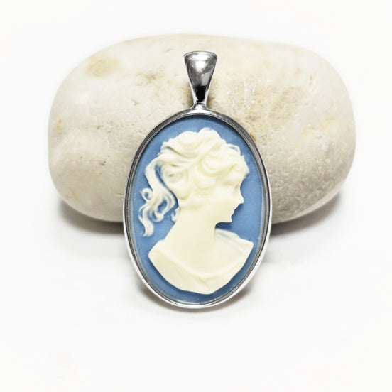Sterling Silver Cameo Pendant – Blue White Resin Stone, Victorian Necklace