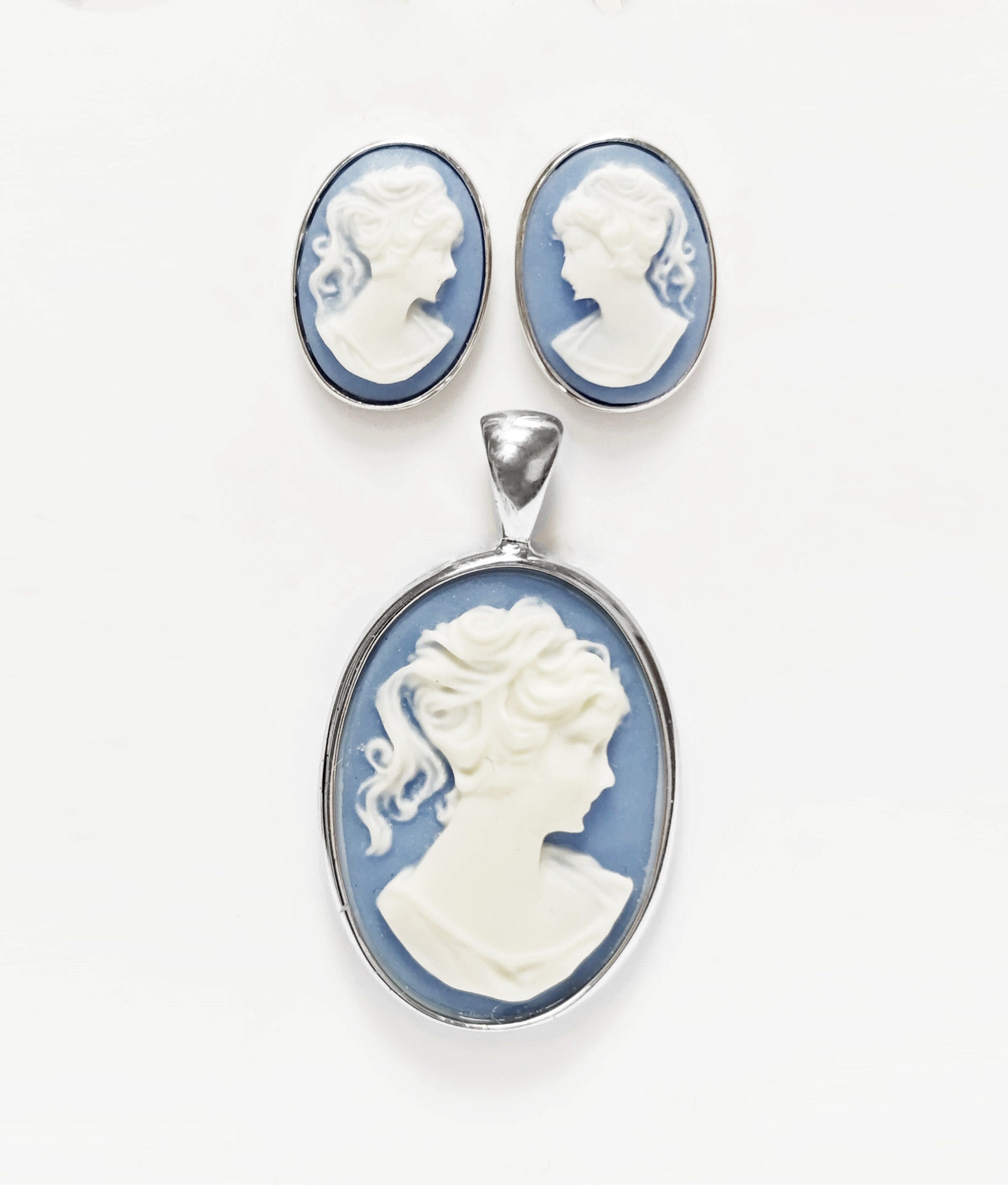Sterling Silver Cameo Stud Earrings – Blue Resin, Victorian Style