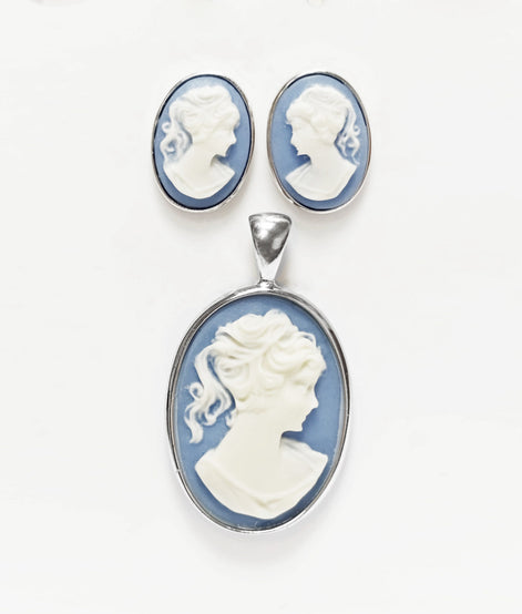 Sterling Silver Cameo Stud Earrings – Blue Resin, Victorian Style