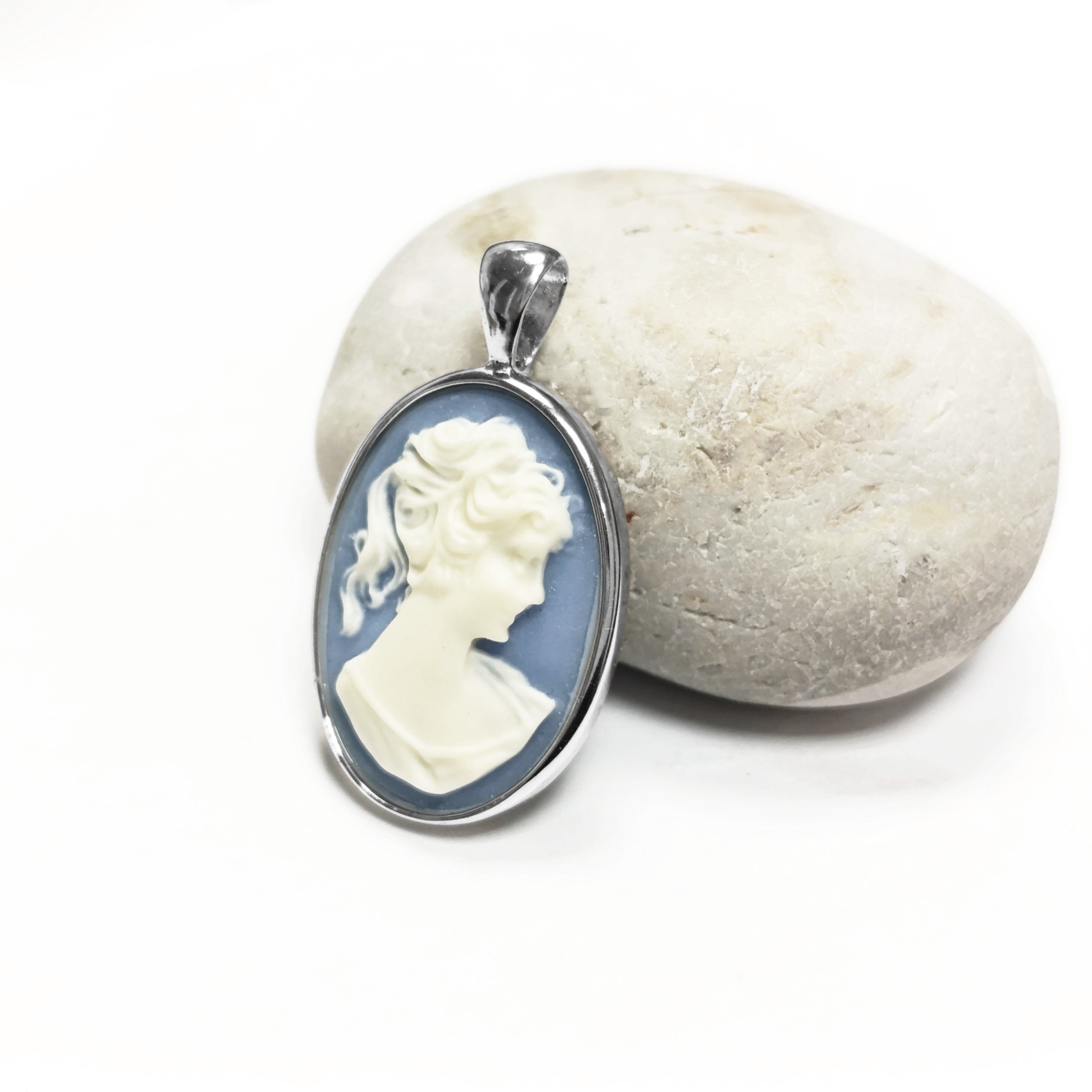 Cameo Earrings, Sterling Silver Blue and white oval resin stone, woman face portrait cameo, Vintage Victorian Jewelry, Lever back Earrings