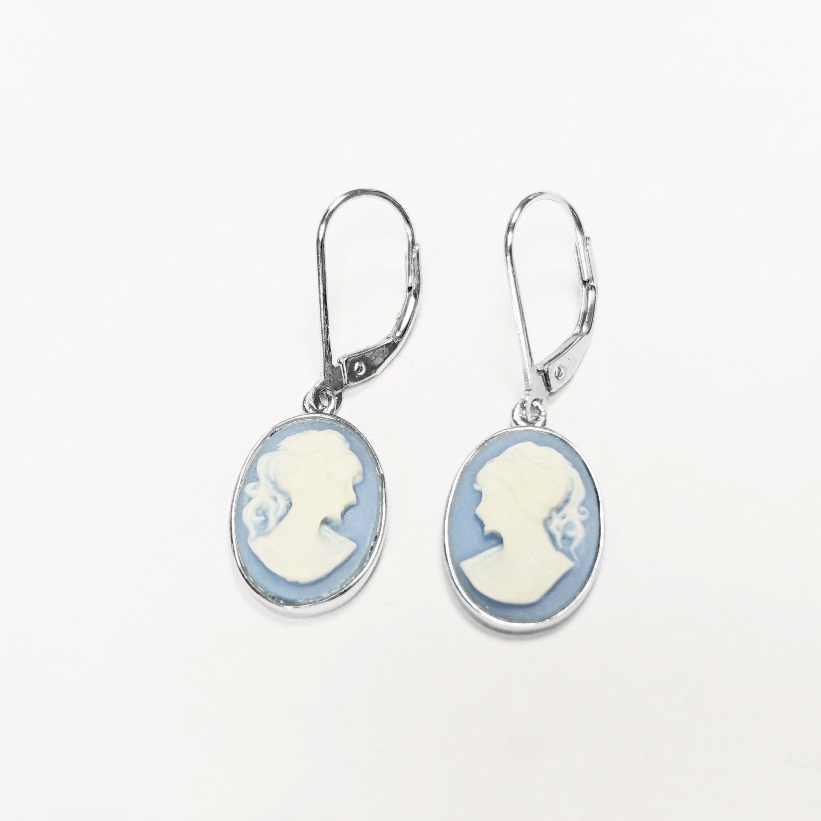 Cameo Earrings, Sterling Silver Blue and white oval resin stone, woman face portrait cameo, Vintage Victorian Jewelry, Lever back Earrings