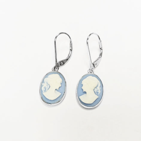 Cameo Earrings, Sterling Silver Blue and white oval resin stone, woman face portrait cameo, Vintage Victorian Jewelry, Lever back Earrings