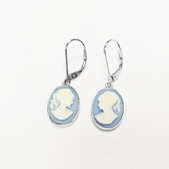 Cameo Earrings, Sterling Silver Blue and white oval resin stone, woman face portrait cameo, Vintage Victorian Jewelry, Lever back Earrings