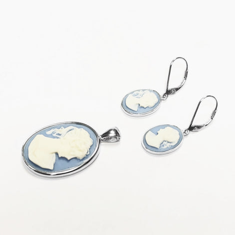 Cameo Earrings, Sterling Silver Blue and white oval resin stone, woman face portrait cameo, Vintage Victorian Jewelry, Lever back Earrings