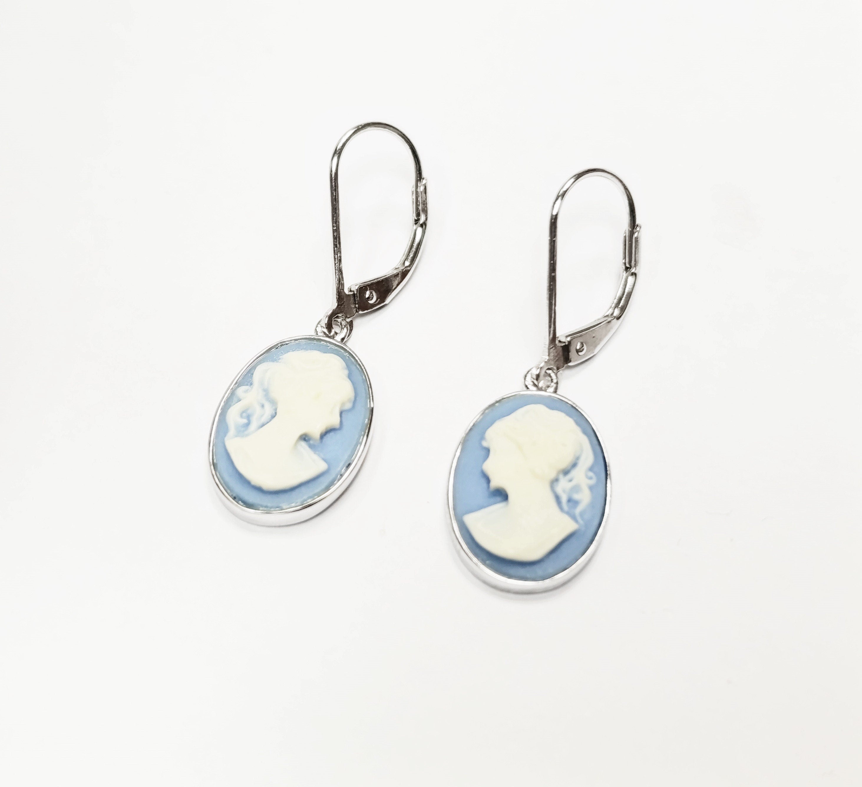 Cameo Earrings, Sterling Silver Blue and white oval resin stone, woman face portrait cameo, Vintage Victorian Jewelry, Lever back Earrings