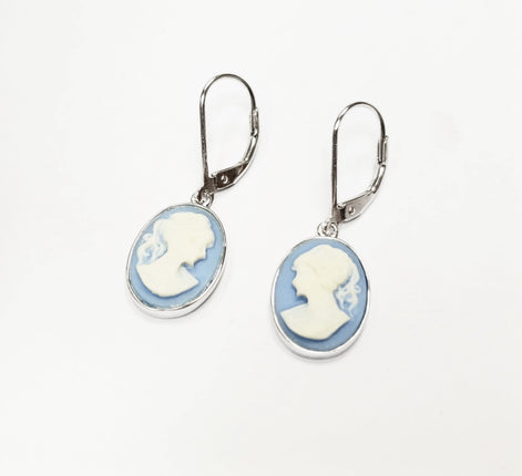 Cameo Earrings, Sterling Silver Blue and white oval resin stone, woman face portrait cameo, Vintage Victorian Jewelry, Lever back Earrings