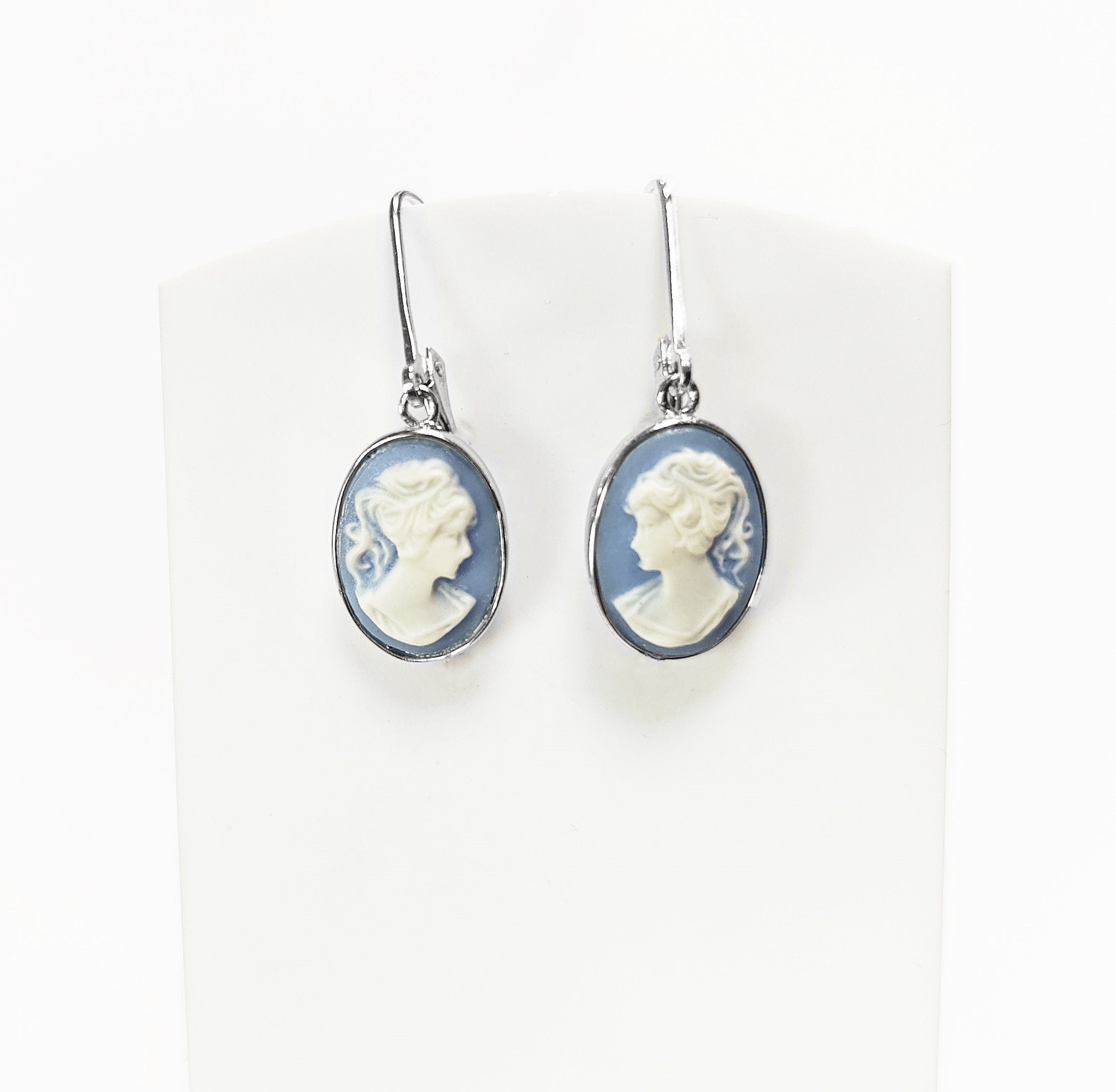 Cameo Earrings, Sterling Silver Blue and white oval resin stone, woman face portrait cameo, Vintage Victorian Jewelry, Lever back Earrings