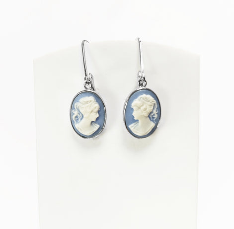 Cameo Earrings, Sterling Silver Blue and white oval resin stone, woman face portrait cameo, Vintage Victorian Jewelry, Lever back Earrings