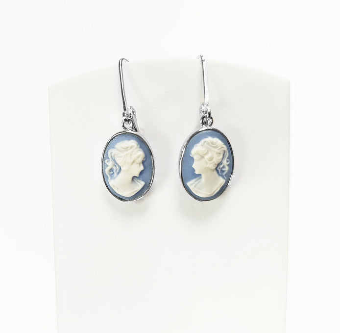 Cameo Earrings, Sterling Silver Blue and white oval resin stone, woman face portrait cameo, Vintage Victorian Jewelry, Lever back Earrings