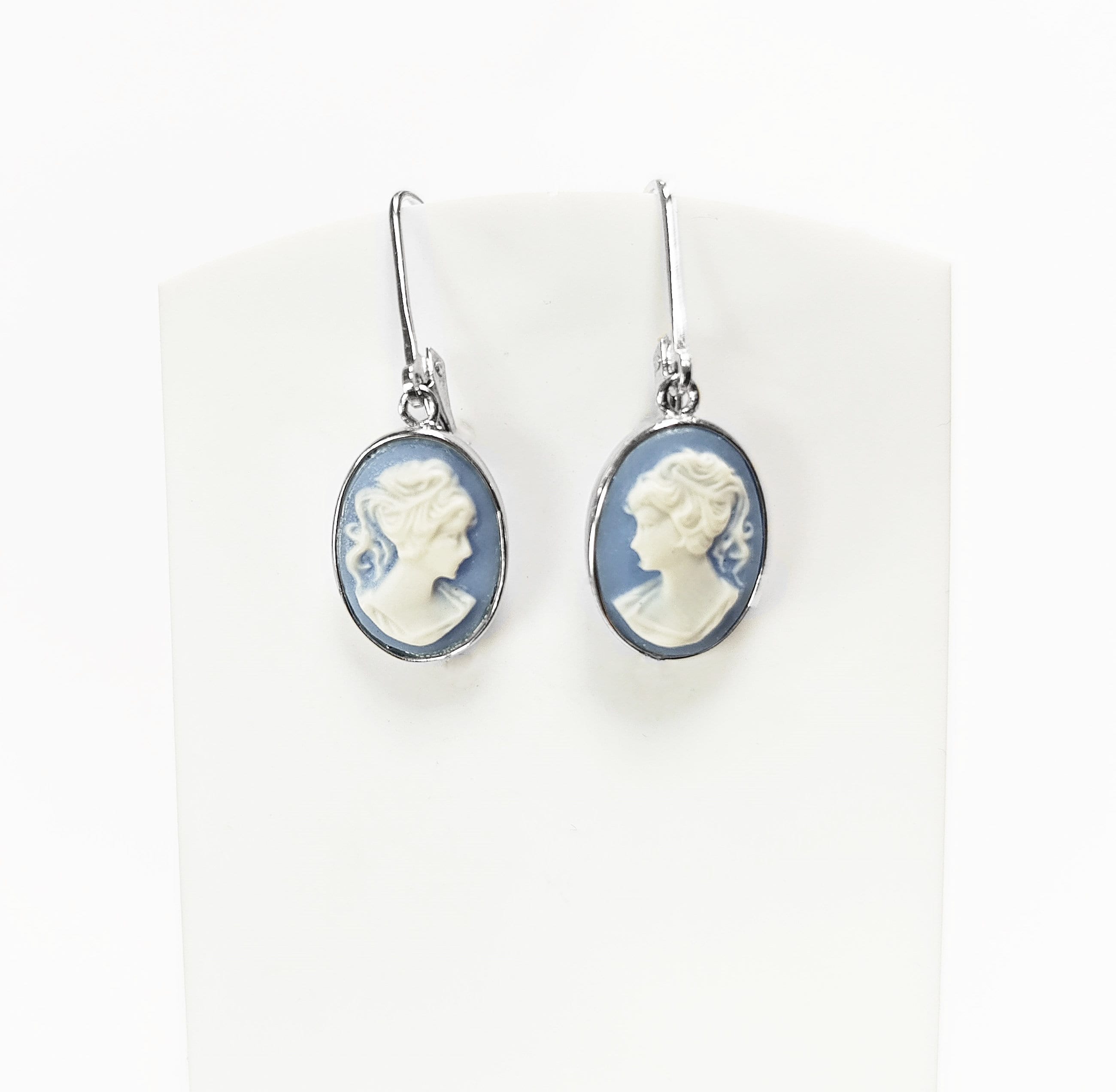 Cameo Earrings, Sterling Silver Blue and white oval resin stone, woman face portrait cameo, Vintage Victorian Jewelry, Lever back Earrings