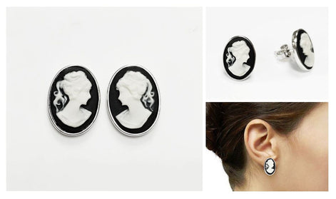 Cameo Earrings - Sterling Silver black and white oval resin stone - woman face portrait cameo - Vintage Victorian Jewelry - Studs Earrings