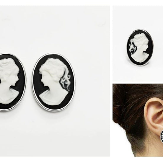 Cameo Earrings - Sterling Silver black and white oval resin stone - woman face portrait cameo - Vintage Victorian Jewelry - Studs Earrings