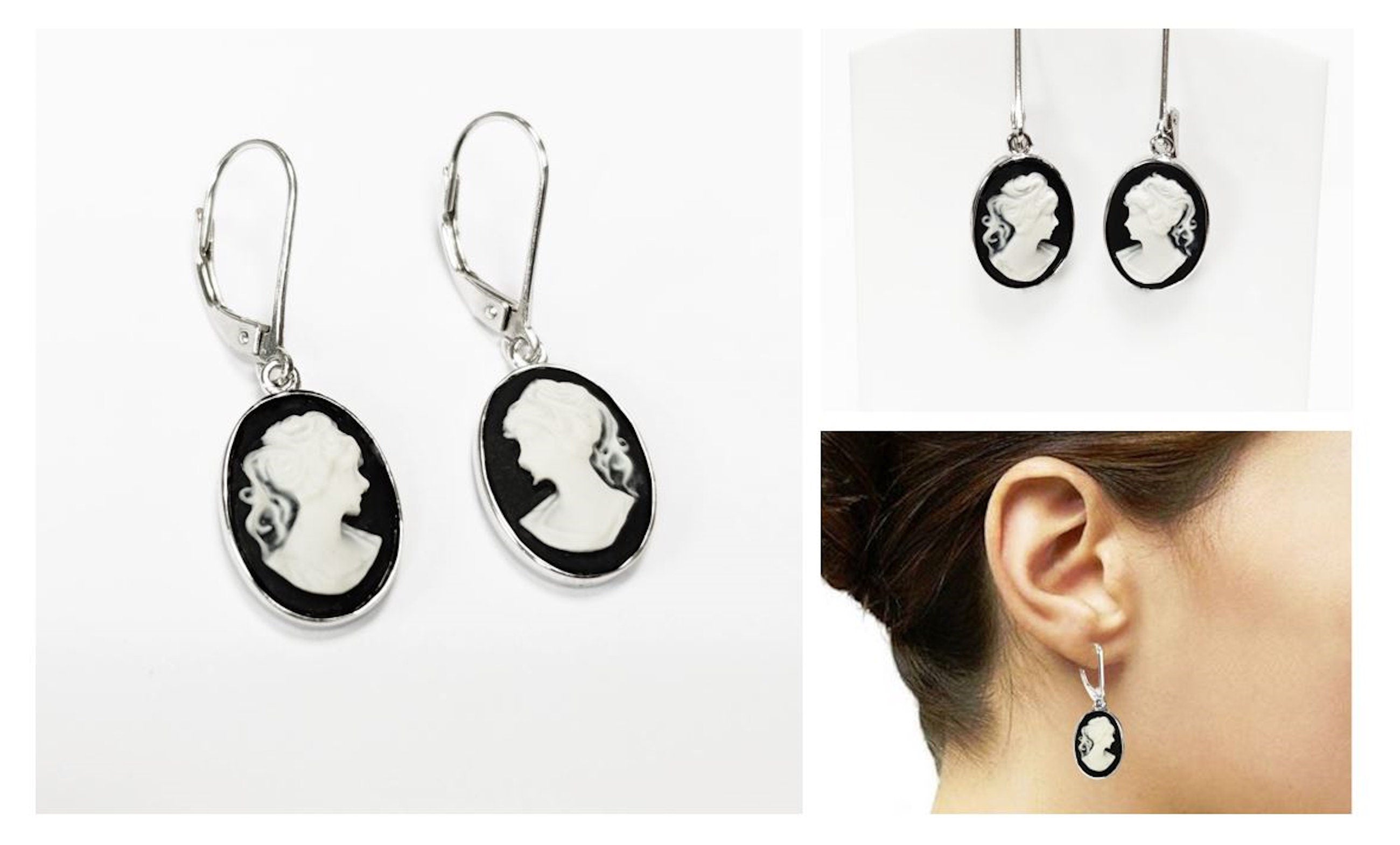 Cameo Earrings, Sterling Silver Black and white oval resin stone, woman face portrait cameo, Vintage Victorian Jewelry, Lever back Earrings