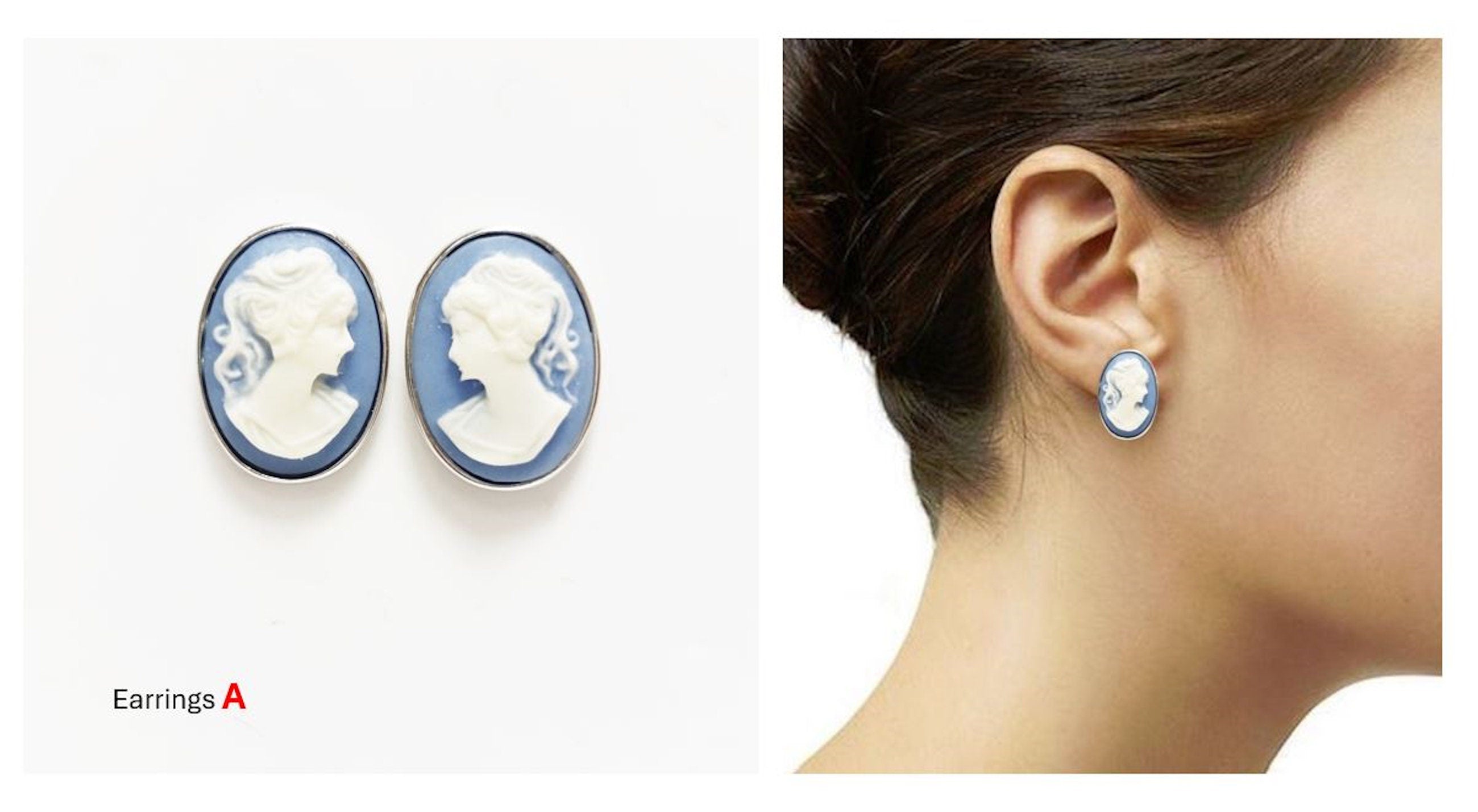 Sterling Silver Cameo Pendant – Blue White Resin Stone, Victorian Necklace