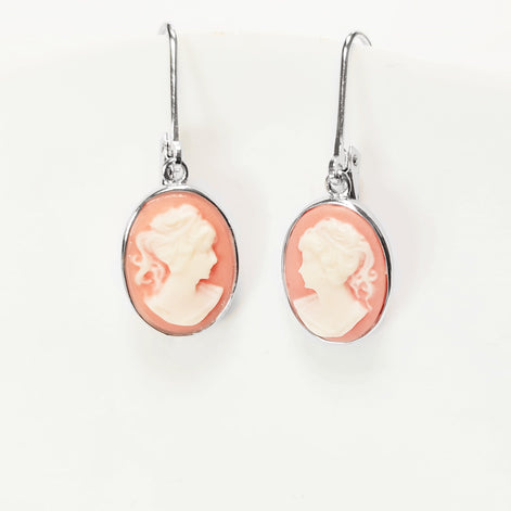 Sterling Silver Cameo Earrings, Vintage Victorian Woman Portrait Resin Stone, Dangle 925