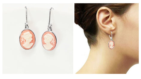 Sterling Silver Cameo Earrings, Vintage Victorian Woman Portrait Resin Stone, Dangle 925