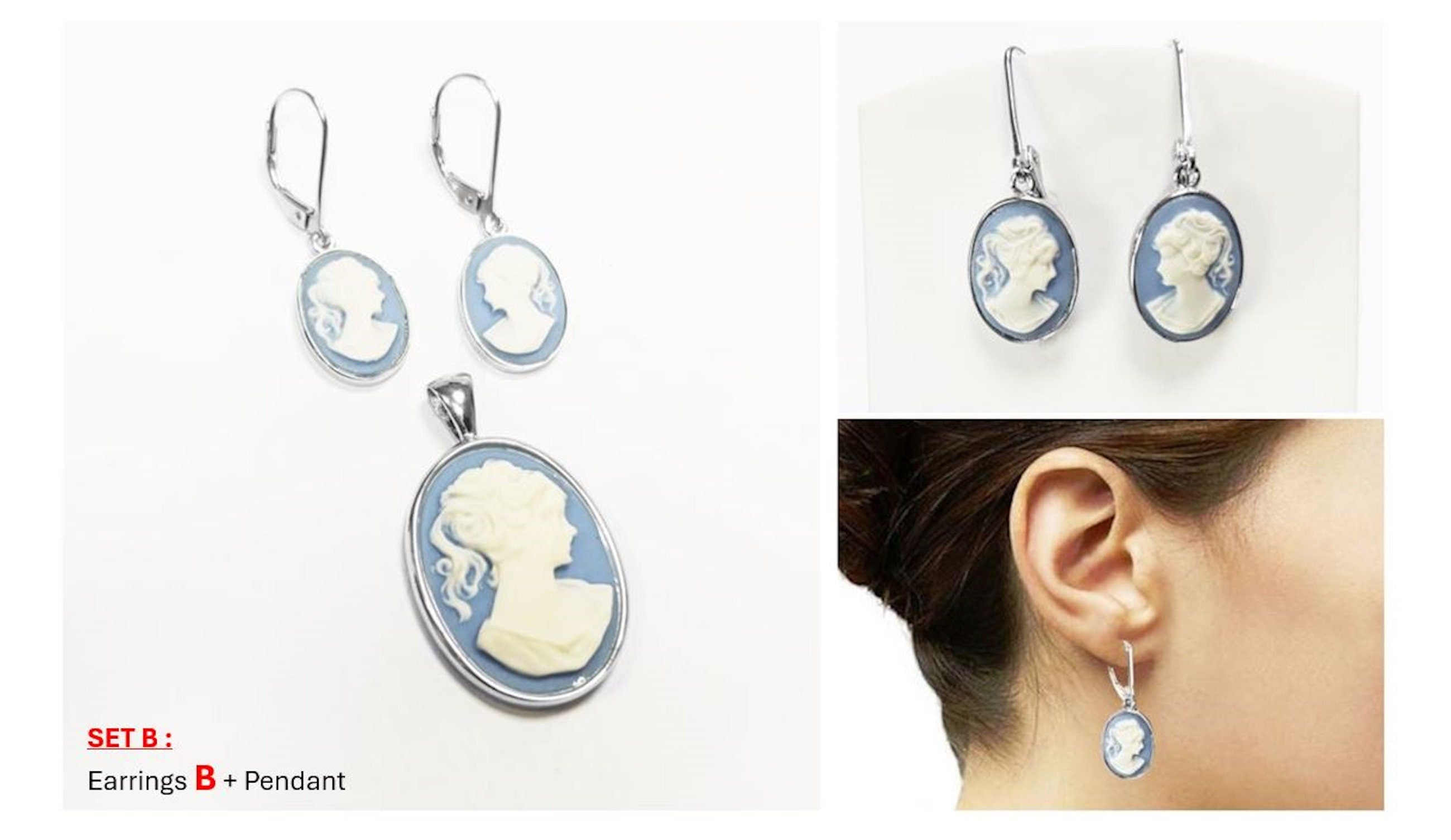 Sterling Silver Cameo Pendant – Blue White Resin Stone, Victorian Necklace