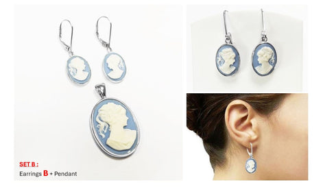 Sterling Silver Cameo Pendant – Blue White Resin Stone, Victorian Necklace