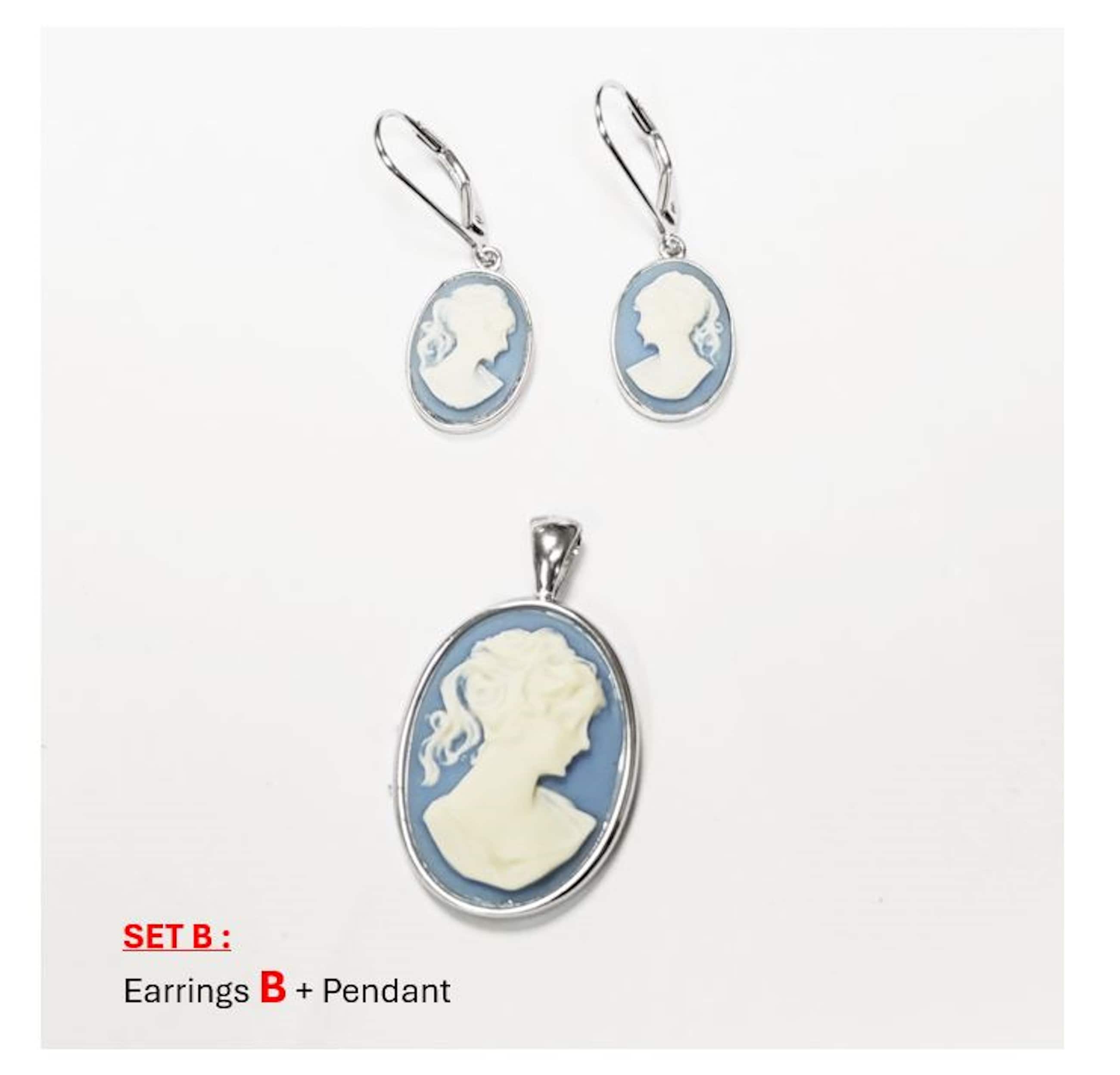 Sterling Silver Cameo Pendant – Blue White Resin Stone, Victorian Necklace