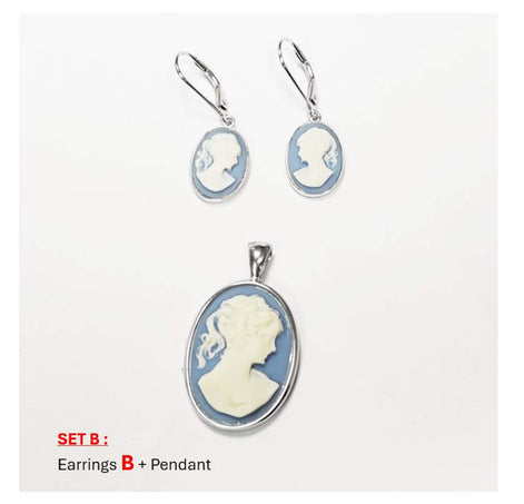 Sterling Silver Cameo Pendant – Blue White Resin Stone, Victorian Necklace