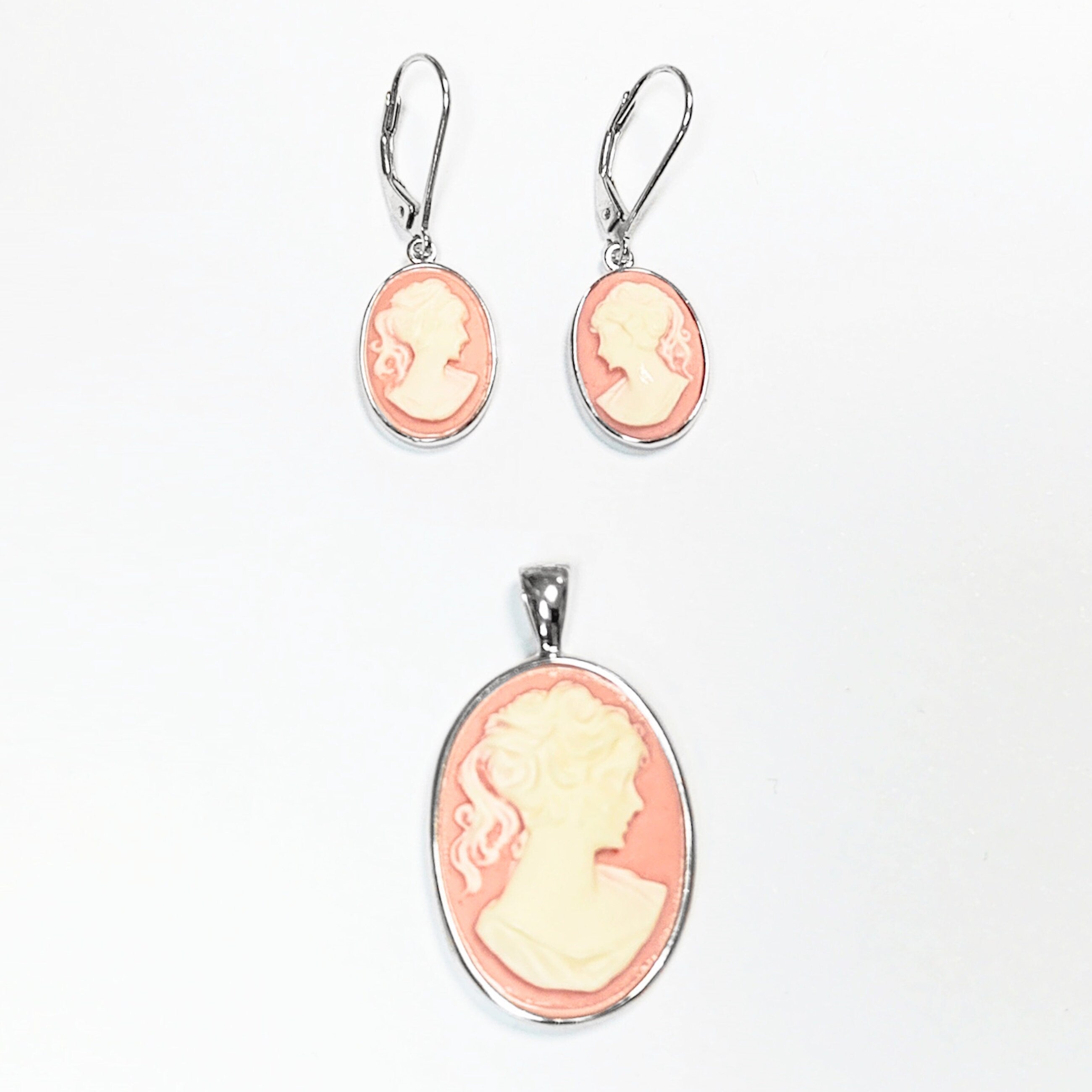 Sterling Silver Cameo Earrings, Vintage Victorian Woman Portrait Resin Stone, Dangle 925