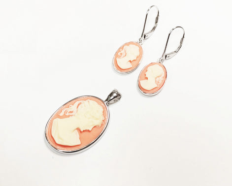 Sterling Silver Cameo Earrings, Vintage Victorian Woman Portrait Resin Stone, Dangle 925