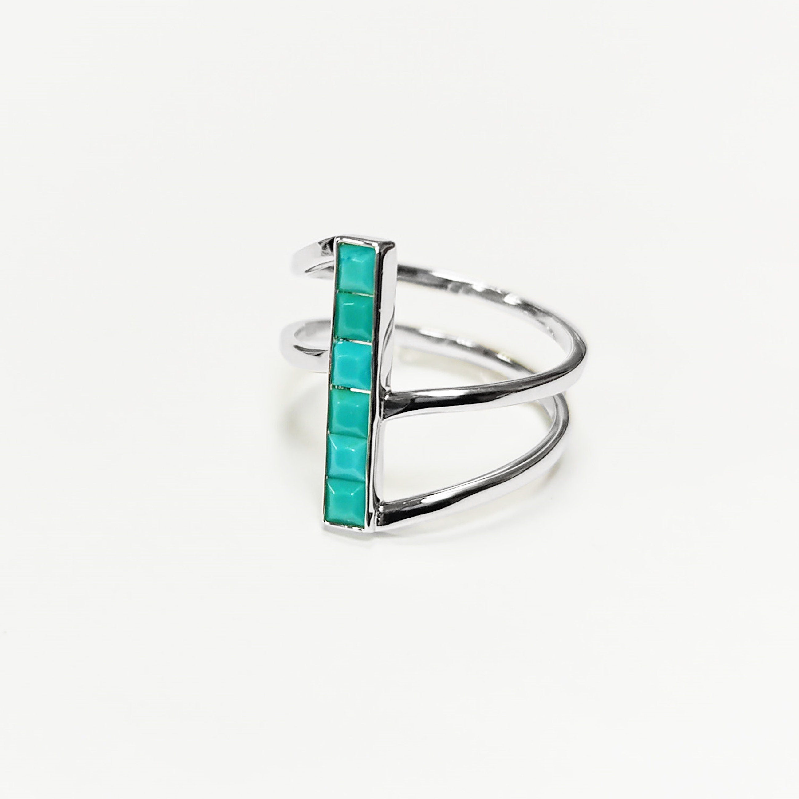 Turquoise Bypass Ring, Sterling Silver, Enhanced Blue Turquoise Stones Jewelry, Sleek Inlay Modern Turquoise Band, Minimalist Flat Stone