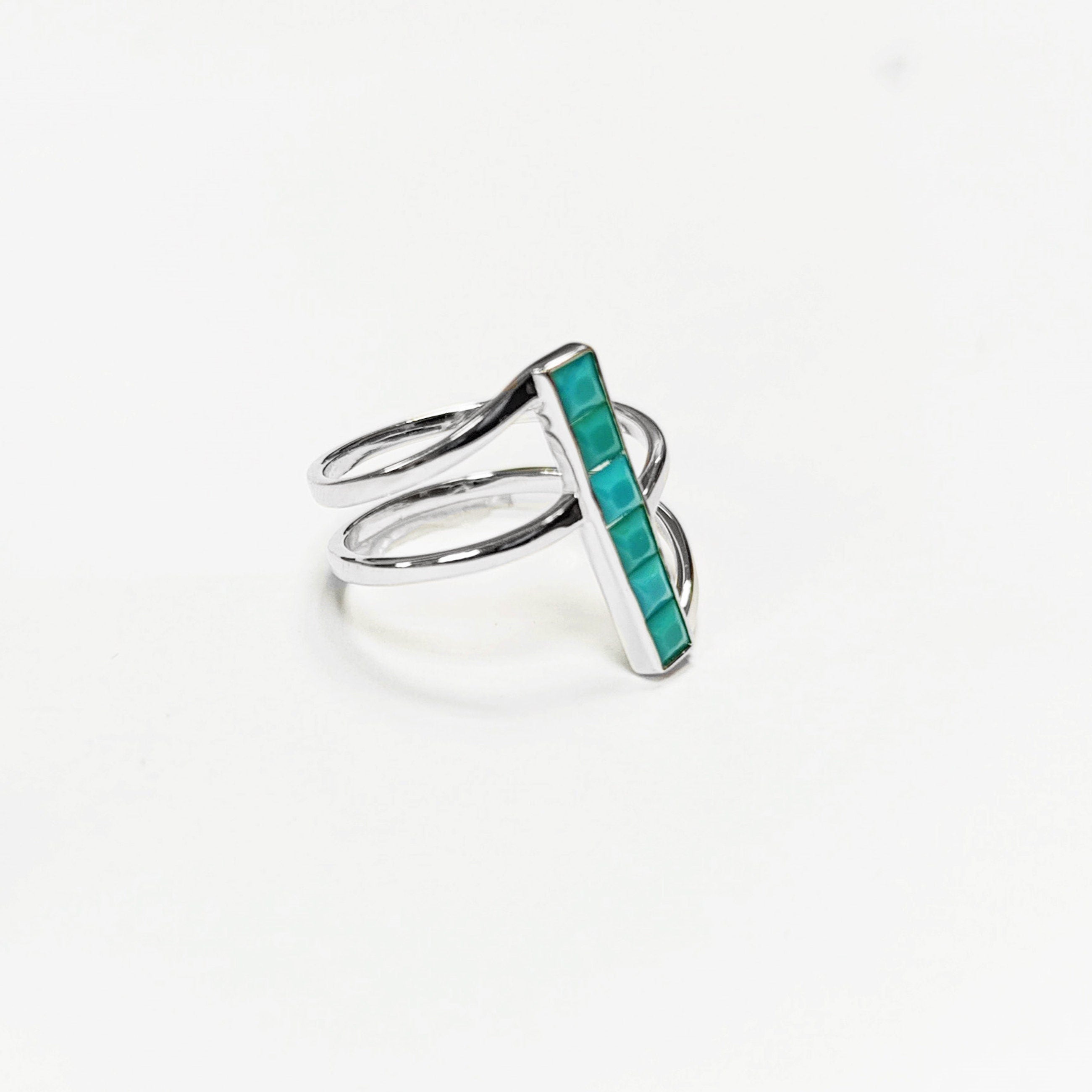 Turquoise Bypass Ring, Sterling Silver, Enhanced Blue Turquoise Stones Jewelry, Sleek Inlay Modern Turquoise Band, Minimalist Flat Stone