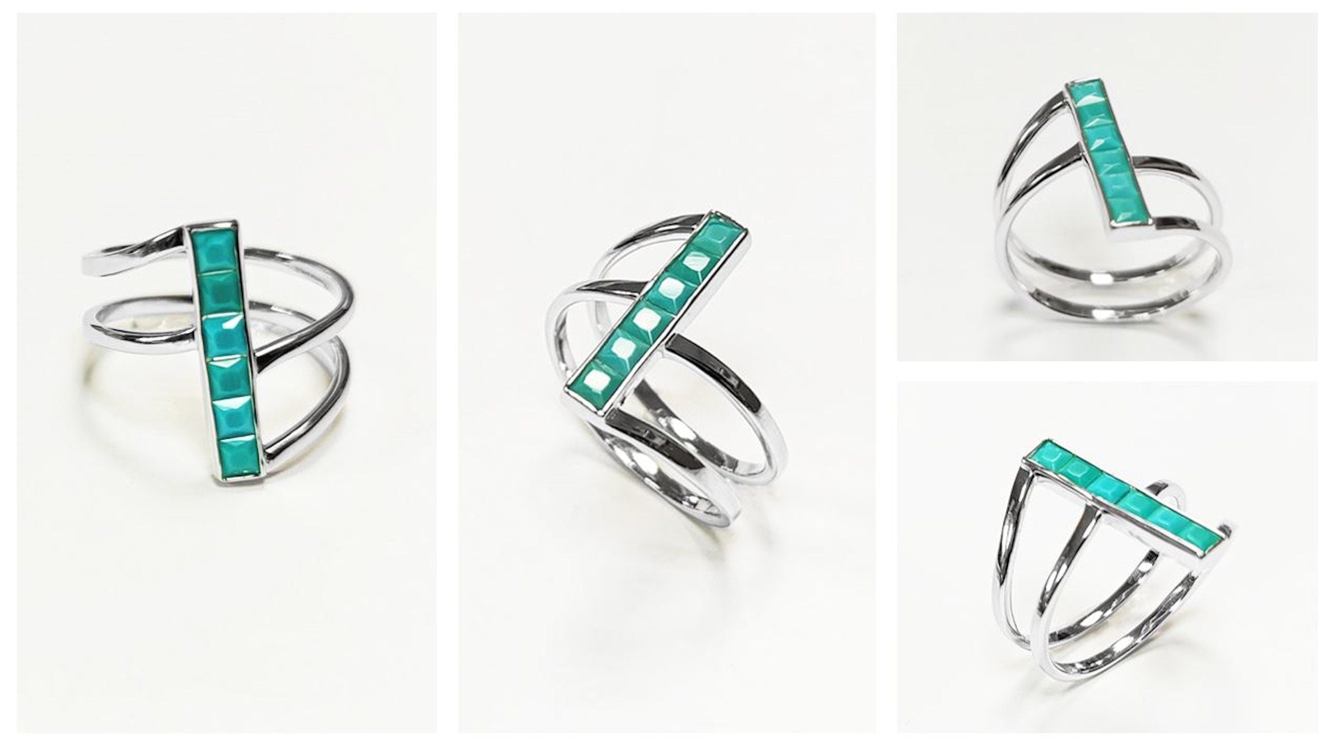 Turquoise Bypass Ring, Sterling Silver, Enhanced Blue Turquoise Stones Jewelry, Sleek Inlay Modern Turquoise Band, Minimalist Flat Stone