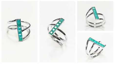 Turquoise Bypass Ring, Sterling Silver, Enhanced Blue Turquoise Stones Jewelry, Sleek Inlay Modern Turquoise Band, Minimalist Flat Stone