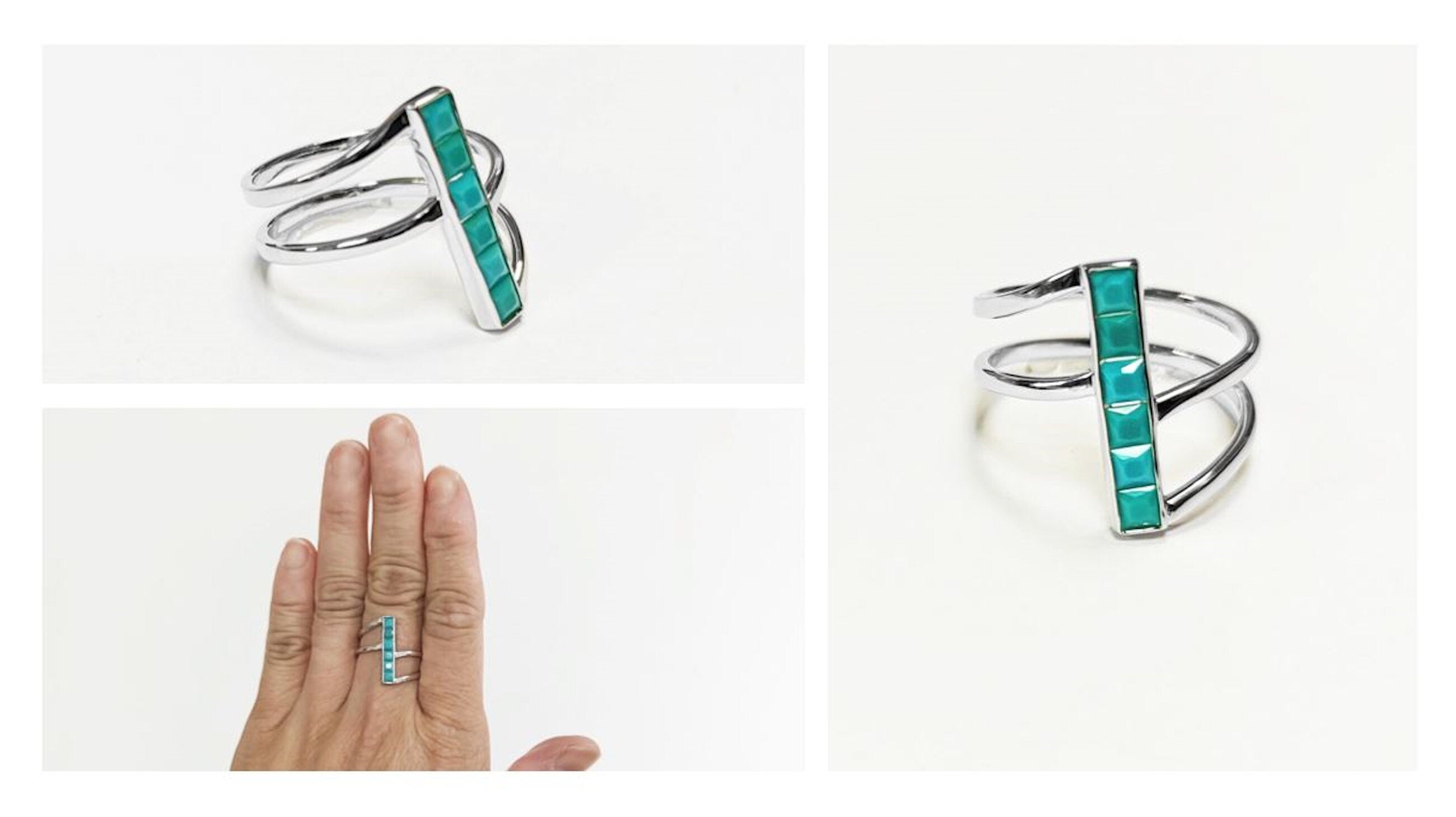 Turquoise Bypass Ring, Sterling Silver, Enhanced Blue Turquoise Stones Jewelry, Sleek Inlay Modern Turquoise Band, Minimalist Flat Stone