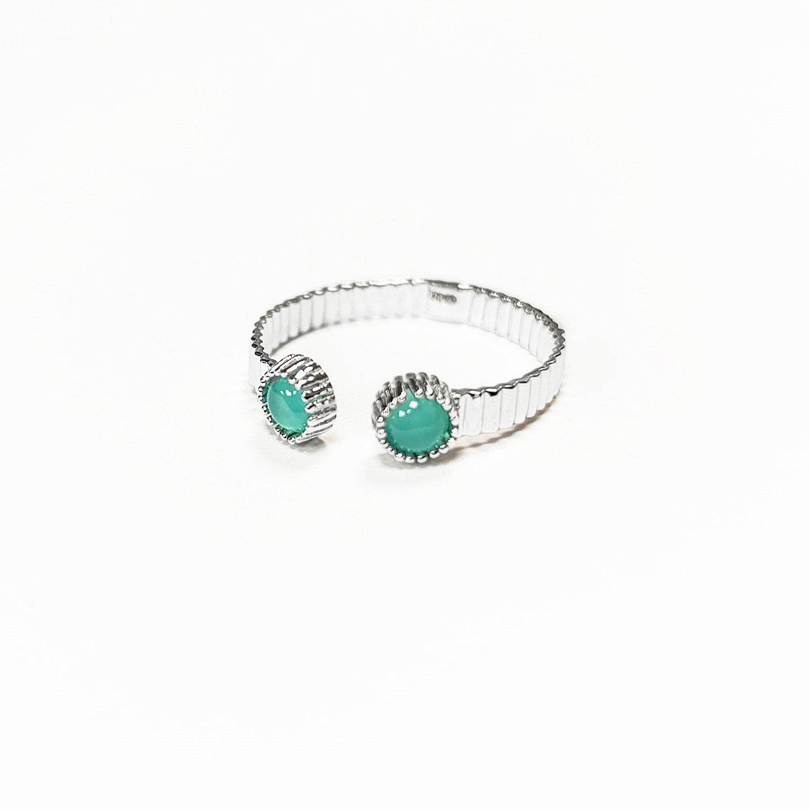 Green open striped ring, sterling silver, round amazonite stones, textured stripes lines band, designer modern stone jewelry, woman gift