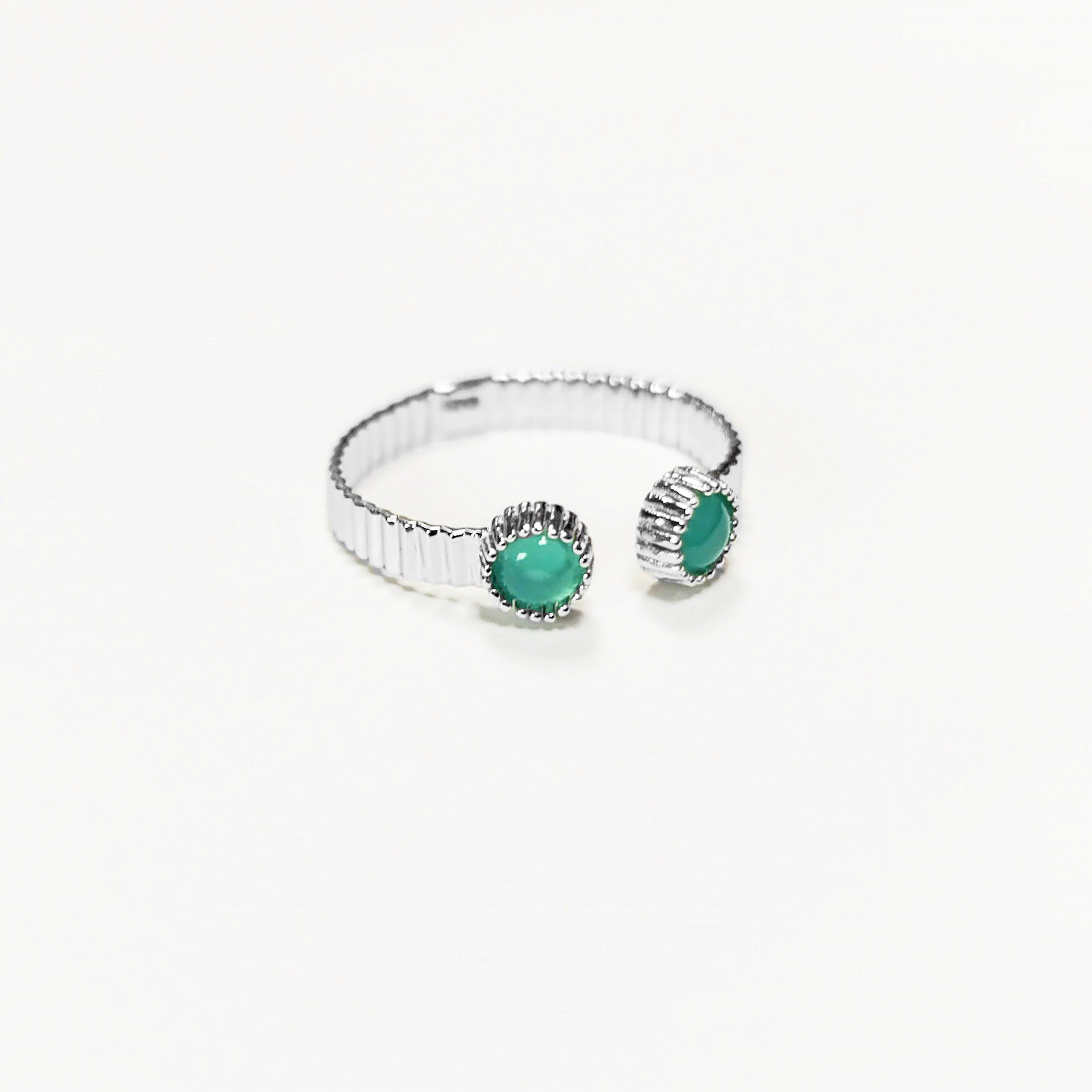 Green open striped ring, sterling silver, round amazonite stones, textured stripes lines band, designer modern stone jewelry, woman gift